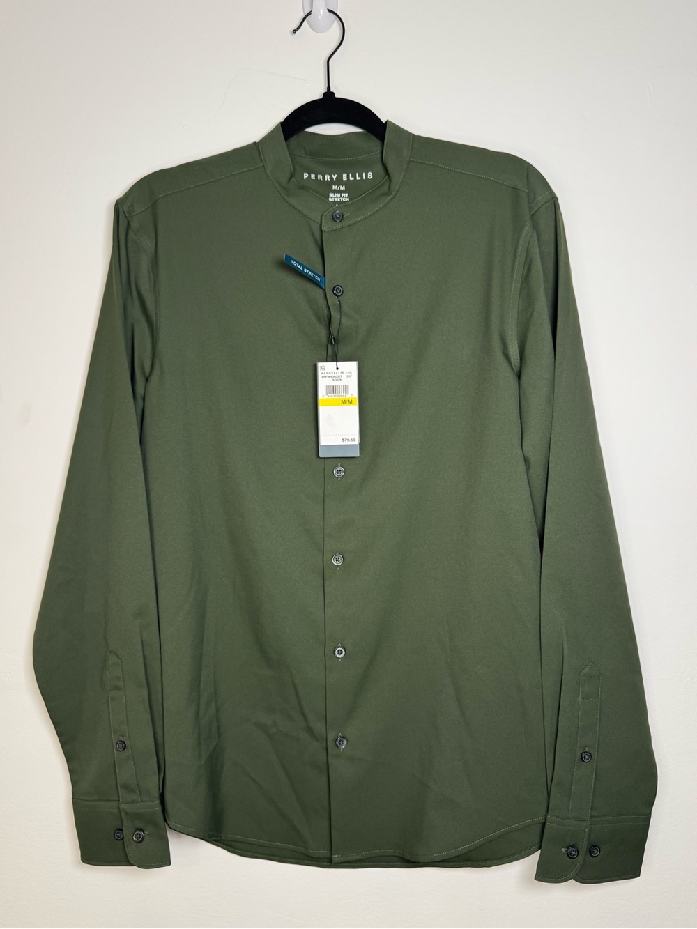 Perry Ellis Untucked Total Stretch Slim Fit Banded Collar Shirt Green M NWT